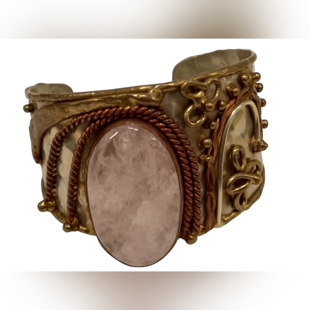 ARTIST STUDIO MADE ESTATE COPPER BRASS MIXED METAL ROSE QUARTZ CUFF BRACELET‎
